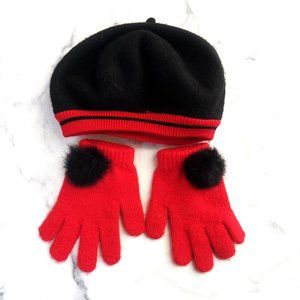 Gap Black Wool Beret with Red Trim & Red Gloves, Size 6-12 months